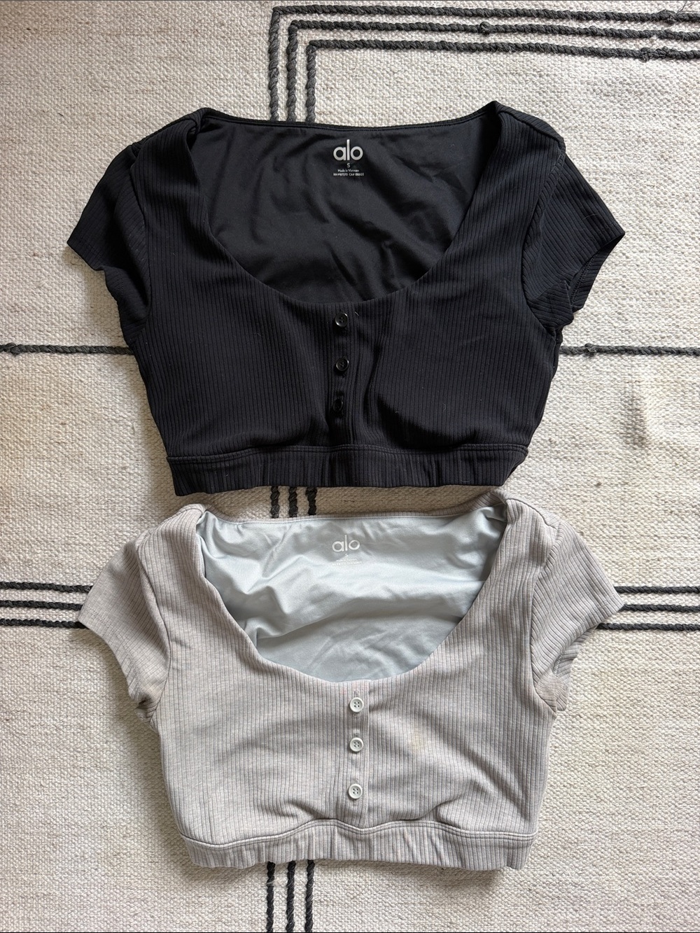 Set of 2 ALO Yoga Short Sleeve Ribbed Button-Front Crop Top — Black & Light Gray